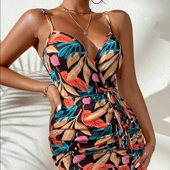 New Inventory🏝Tropical Print Belted Ruched Ruffle Hem Cami Dress🏝 - Picture 3 of 7